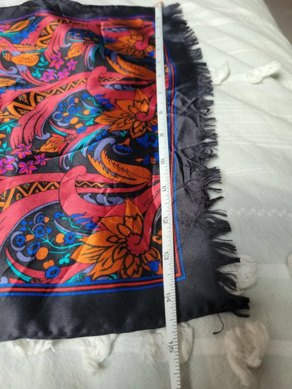 Vintage 100% Silk Oblong Scarf Black Floral Scroll Vibrant Colorful 14